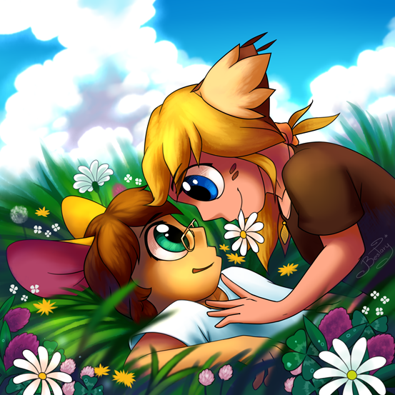 Бестари и Жёлтый на полянке с цветами арт